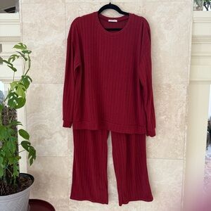 Ekouaer Rust Red Ribbed Knit 2 Piece Lounge Set Sweater Pants Large NWOT